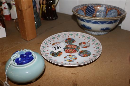 19th Century Japanese dish & large porcelain bowl, a Fukagawa green/blue porcelain incense burner(-)
